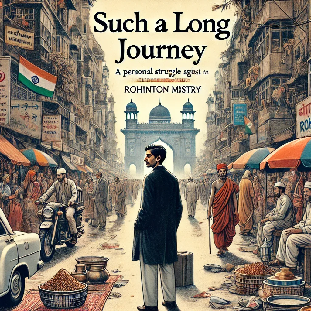 It visually captures the key elements of the novel, with Gustad Noble on a bustling street in 1970s Bombay and the symbolic "Wall of All Religions" in the background.