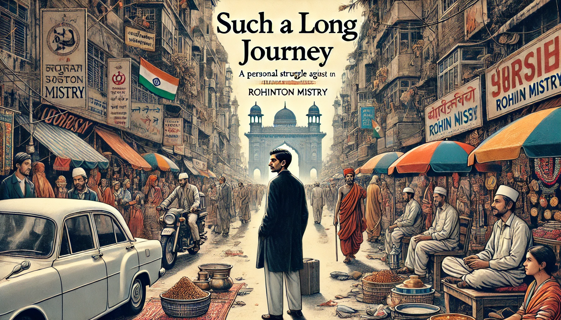 It visually captures the key elements of the novel, with Gustad Noble on a bustling street in 1970s Bombay and the symbolic "Wall of All Religions" in the background.