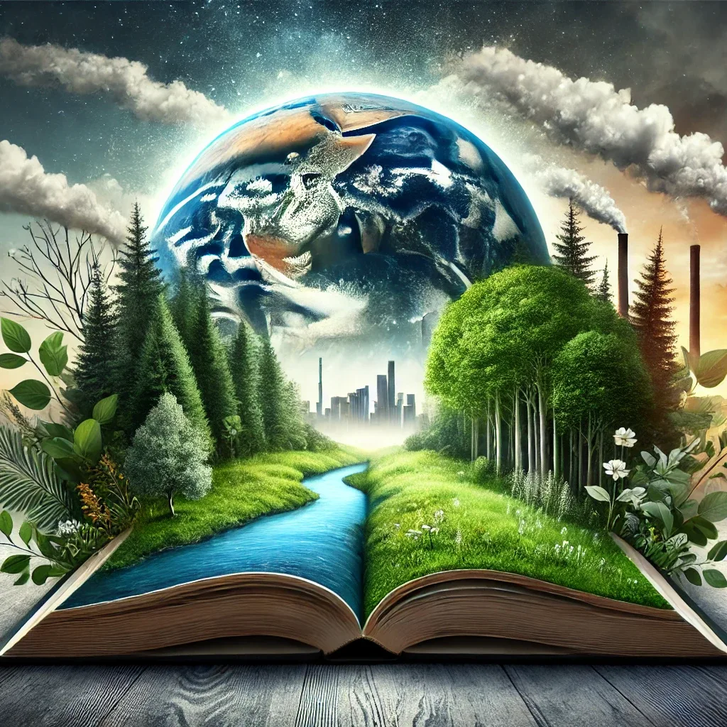 Here is the cover image for your eco-criticism article. It visually combines nature and literature, reflecting the environmental themes discussed in the post. I hope it serves as an appealing and impactful cover!