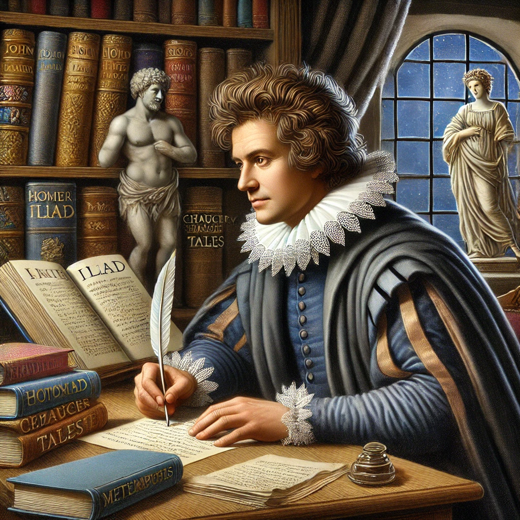 John Dryden and His Literary Criticism and "An image of John Dryden sitting in a 17th-century study, surrounded by stacks of classical books like Chaucer’s Canterbury Tales, Ovid’s Metamorphoses, and Homer’s Iliad. He holds a quill in one hand, writing on parchment, with candlelight illuminating the room. The background has large wooden shelves filled with books, creating an intellectual, scholarly atmosphere."