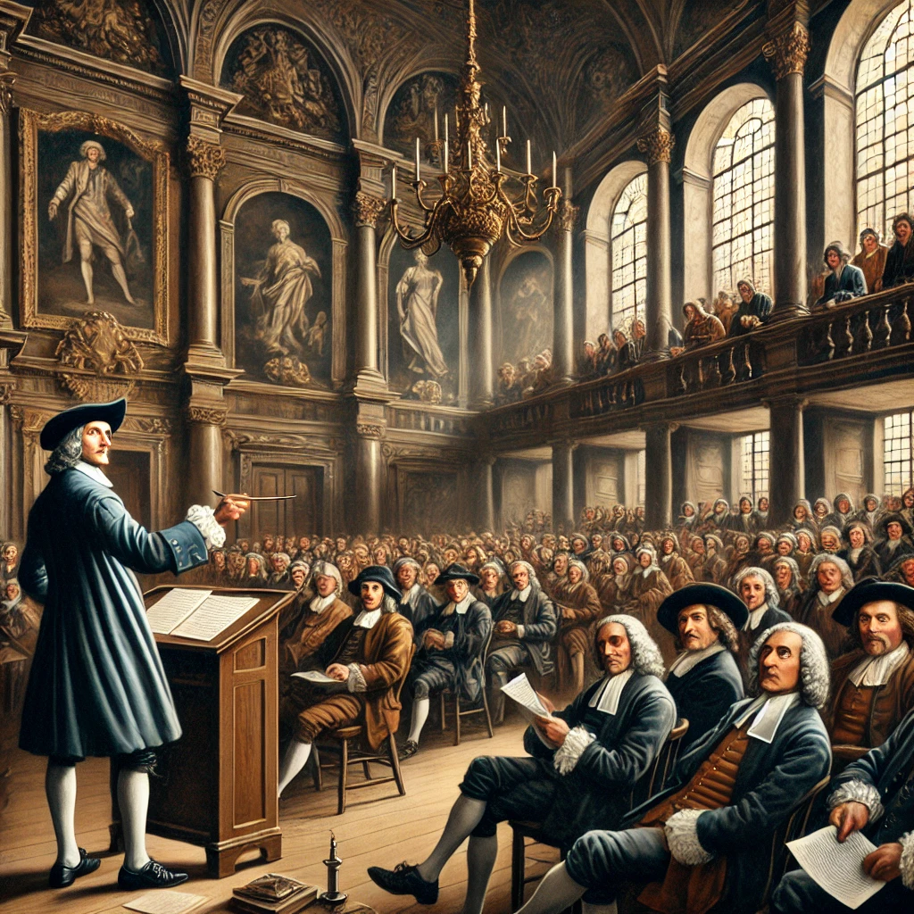 "A lively scene where John Dryden is engaging in a debate on literary criticism with his contemporaries, such as Sir Robert Howard and Thomas Rymer. The group is seated in a grand 17th-century room with a large fireplace, and their faces are animated as they argue passionately. Dryden is in the center, confidently defending his views, surrounded by books and scrolls."